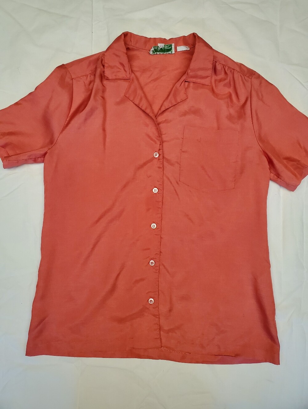 Vintage 70s Silkanna Lady Manhattan Coral Blouse Size 10 Camp Collar Short Sleev
